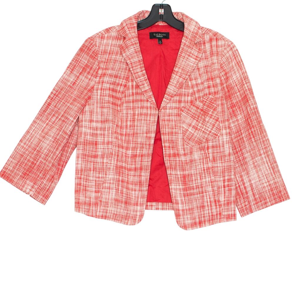 Talbots Linen Blend Blazer Business Casual 3/4 Sleeve Career Office Open Pink 14 - Picture 2 of 9